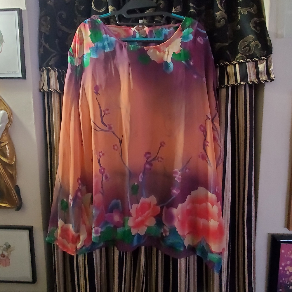 Jealous Tomato purple peach floral caftan kimono cover up top ombre sheer L new